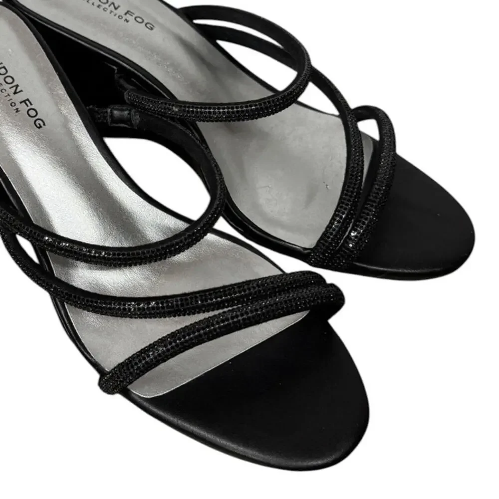 London Fog Women’s Size 7.5W Black Rhinestone Strappy Wedge Sandals